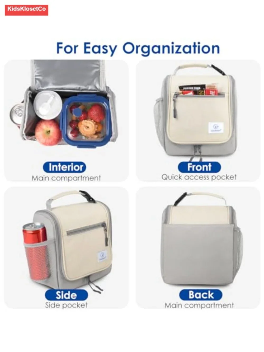Insulated Lunch Bag for Kids and Adults, Water-Resistant, Multiple Pockets,